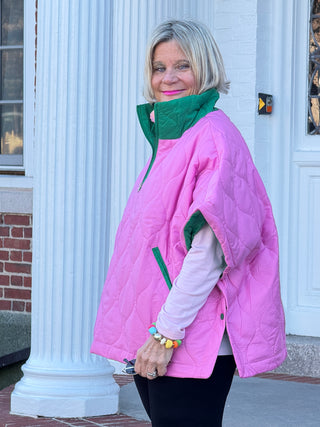 Quilted Short Sleeves Puffer Pullover Poncho Pink