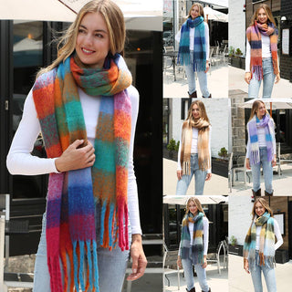 Multi-Color Plaid Oblong Scarf Shawl with Fringe Fashion City