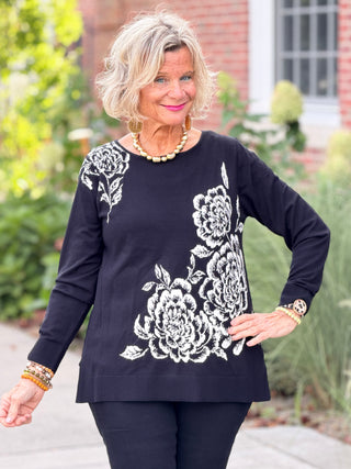 Women's Floral Placement Eyelash Sweater BLACK Cathys Place