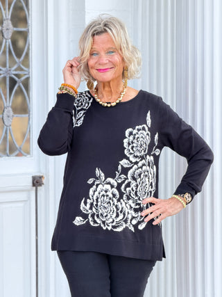 Women's Floral Placement Eyelash Sweater BLACK Cathys Place