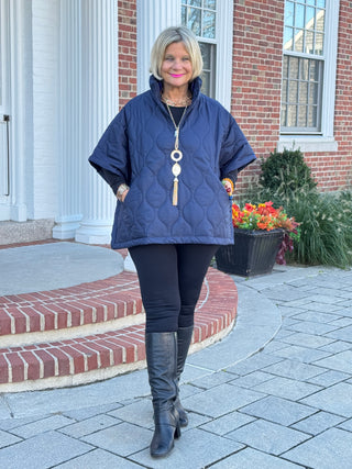 Quilted Short Sleeves Puffer Pullover Poncho Navy