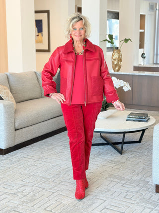 Women's Faux Leather Shearling Zip Front Jacket RED Cathys Place