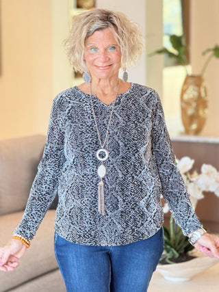 LONG SLEEVE METALLIC TEXTURED KNIT TOP Cathys Place