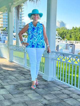 BLUE DREAMING HEARTS SLEEVELESS RUFFLE TOP