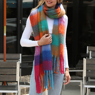 Multi-Color Plaid Oblong Scarf Shawl with Fringe Fashion City