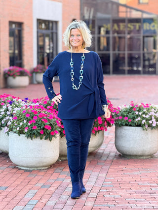 Women's Rib Knit Boat Neck Side Tie Top NAVY Cathys Place