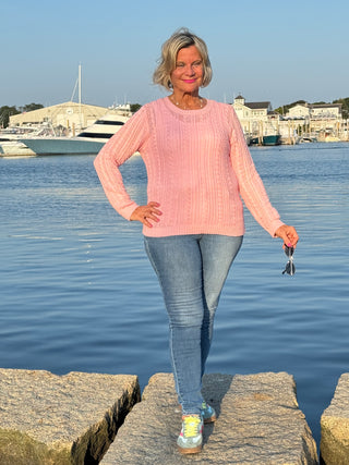 Cable-Knit Cotton PINK CREW Neck Sweater