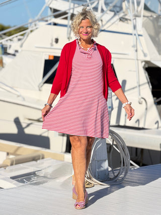 NAUTICAL RED SLEEVELESS RUFFLE DRESS LULU-B