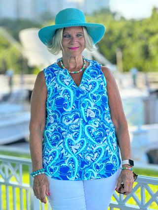 BLUE DREAMING HEARTS SLEEVELESS V NECK