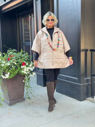 Oversize Quilted Puffer Hood Cape Poncho BEIGE