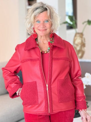 Women's Faux Leather Shearling Zip Front Jacket RED Cathys Place