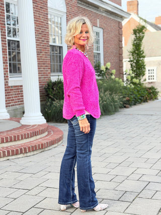 Women's Luster Chenille V-Neck Cable Sweater FUSHIA Cathys Place