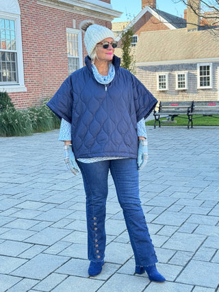 Quilted Short Sleeves Puffer Pullover Poncho Navy Cathys Place