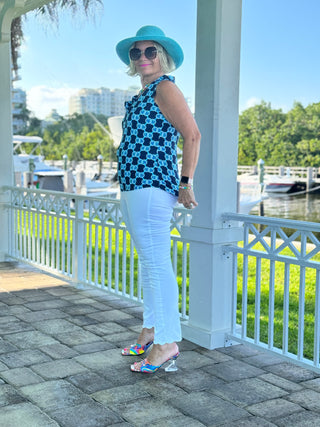 BLUE MEDALLION SLEEVELESS RUFFLE TOP