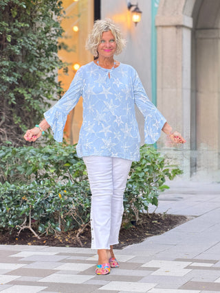 Women's Waterfall Blue Starfish Puff Print Flutter Sleeve Top Cathys Place