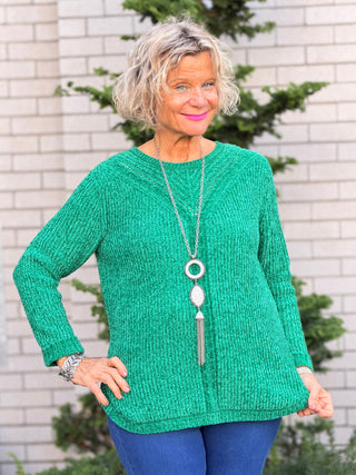 Women's Luster Chenille V-Neck Cable Sweater EMERALD Cathys Place