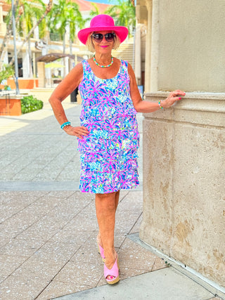 PINK PALM TREE LAYERED RUFFLE DRESS