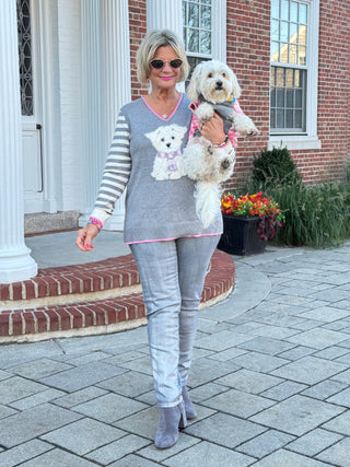 Maltese Puppy Striped Sleeve Sweater