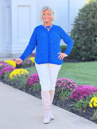 Women's Luster Chenille V-Neck Cable Sweater SAFFIRE Cathys Place