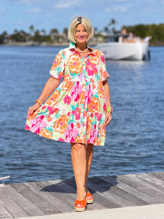 Fashion-W Floral Short Sleeve Buttoned Babydoll BOHO Dress Cathys Place