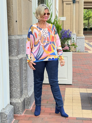 Multicolor Abstract  Round Knit Printed Sweater