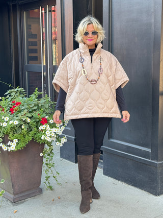 Quilted Short Sleeves Puffer Pullover Poncho BEIGE