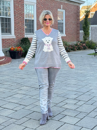 Maltese Puppy Striped Sleeve Sweater