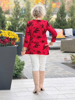 Women's Floral Flocked Texture Lace Trim Top BLACK Cathys Place