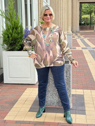 VIABS Olive Abstract Round Neck Knit Printed Sweater
