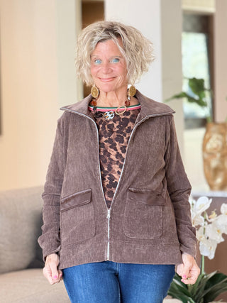 Women's Portrait Collar Velveteen Zip Front Jacket COCOA Cathys Place