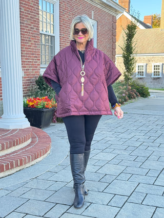 Quilted Short Sleeves Puffer Pullover Poncho Burgundy