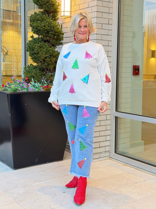 White Shiny Christmas Tree Patched Patterned Festive Sweatshirt Lovesoft