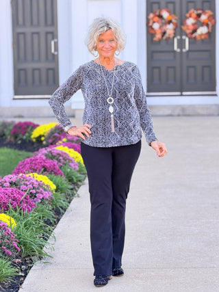 LONG SLEEVE METALLIC TEXTURED KNIT TOP Cathys Place