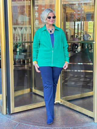 Crystal Zipper Cardigan with Collar Kelly Green