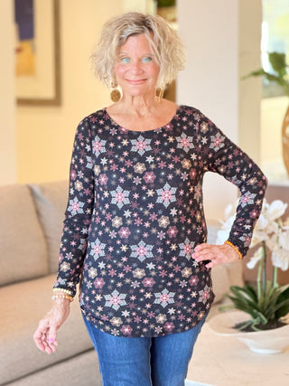 SNOWFLAKE PRINT LONG SLEEVE BOAT NECK TOP Cathys Place