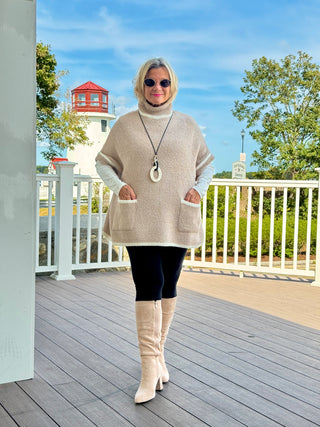Colored Edge Solid Sleeveless Pocket Sweater Beige
