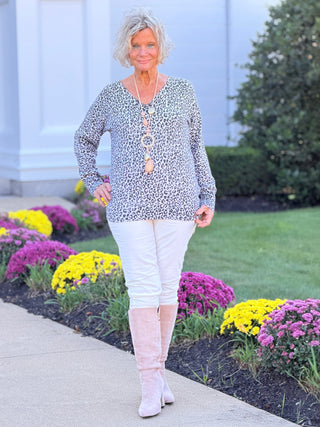 LULU-B CASHMERE CHEETAH V NECK TOP LULU-B