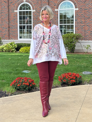 LEOPARD/FLORAL PRINT V-NECK SWEATER