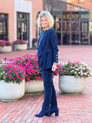 Women's Rib Knit Boat Neck Side Tie Top NAVY Cathys Place
