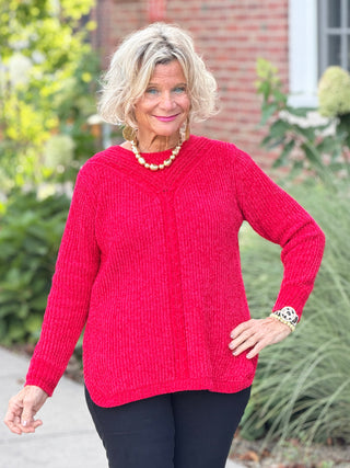 Women's Luster Chenille V-Neck Cable Sweater RED Cathys Place
