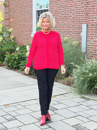 Women's Luster Chenille V-Neck Cable Sweater RED Cathys Place