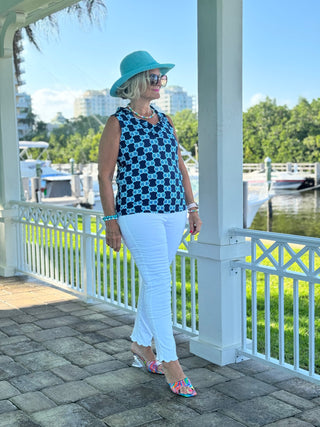 BLUE MEDALLION SLEEVELESS RUFFLE TOP