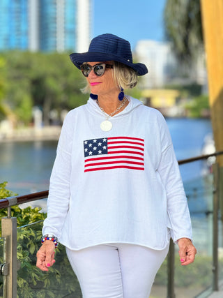 WHITE HOODED FlAG SWEATER