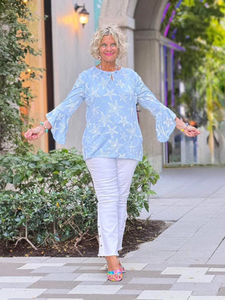 Women's Waterfall Blue Starfish Puff Print Flutter Sleeve Top Cathys Place