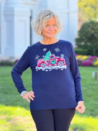 Women's Christmas Truck Print Boat Neck Knit Top Cathys Place