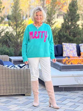 HOLIDAY AQUA MERRY SWEATER Cathys Place