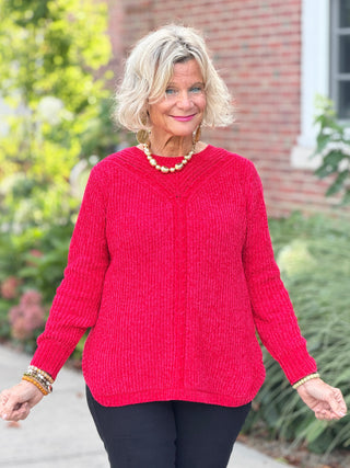 Women's Luster Chenille V-Neck Cable Sweater RED Cathys Place