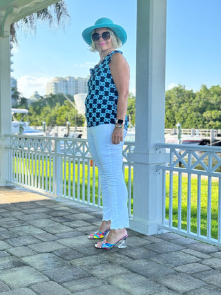 BLUE MEDALLION SLEEVELESS RUFFLE TOP