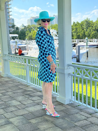 BLUE MEDALLION SLEEVE RUFFLE NECK DRESS