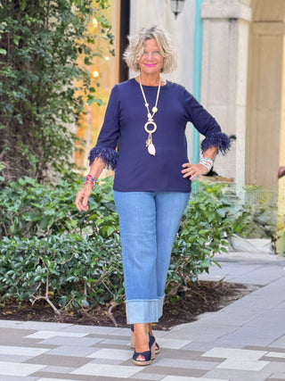 LULU-B NAVY CASHMERE SCOOP NECK FRINGE TOP LULU-B